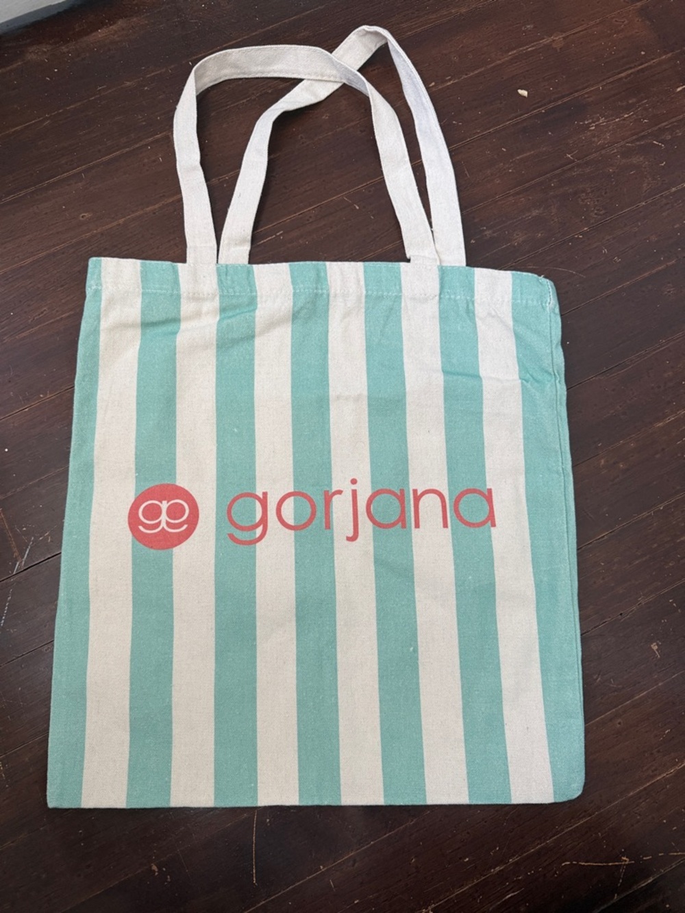 Gorjana Mint & White Striped Canvas Tote with Coral Logo